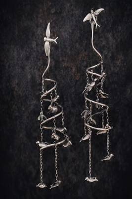 Vintage flying birds spiral statement earrings, oxidised silver drop dangle earrings, artistic sculptural 4