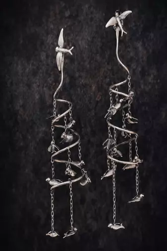 Vintage flying birds spiral statement earrings, oxidised silver drop dangle earrings, artistic sculptural