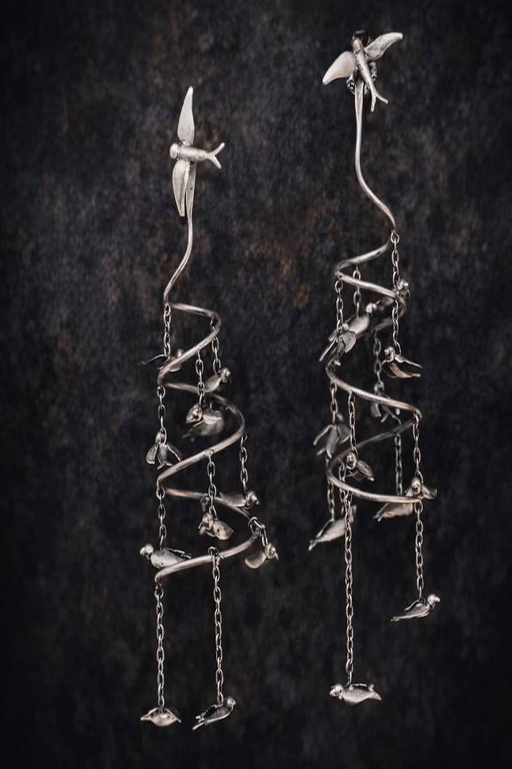 Vintage flying birds spiral statement earrings, oxidised silver drop dangle earrings, artistic sculptural
