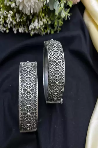 Oxidized silver tribal kada set for women, wide statement openable screw bangles