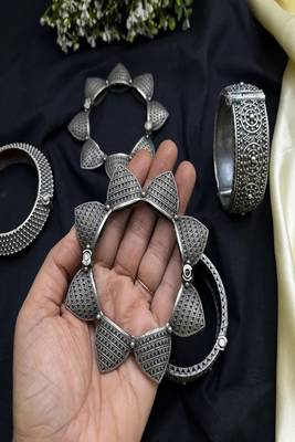 Oxidized silver tribal kada set for women, wide statement openable screw bangles 4
