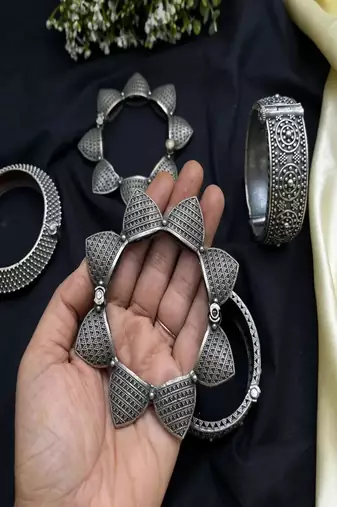 Oxidized silver tribal kada set for women, wide statement openable screw bangles