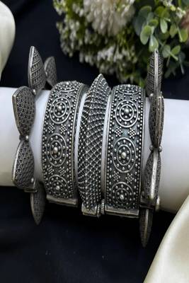 Oxidized silver tribal kada set for women, wide statement openable screw bangles 5