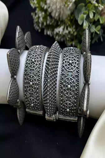 Oxidized silver tribal kada set for women, wide statement openable screw bangles