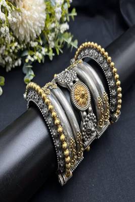 Dual tone antique silver kada bangle set: rajasthani tribal wrist jewelry 1