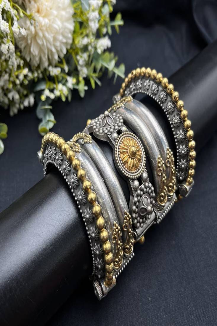 Dual tone antique silver kada bangle set: rajasthani tribal wrist jewelry