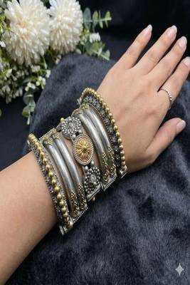 Dual tone antique silver kada bangle set: rajasthani tribal wrist jewelry 2