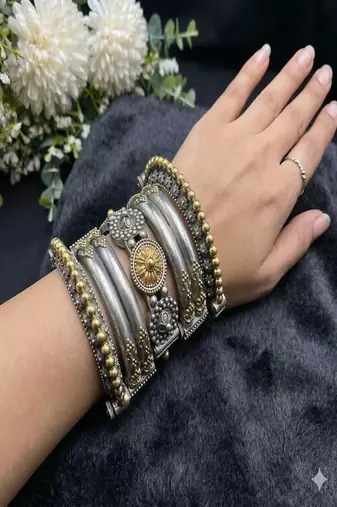 Dual tone antique silver kada bangle set: rajasthani tribal wrist jewelry
