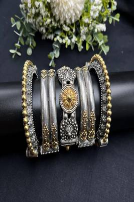 Dual tone antique silver kada bangle set: rajasthani tribal wrist jewelry 3