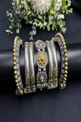 Dual tone antique silver kada bangle set: rajasthani tribal wrist jewelry