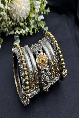 Dual tone antique silver kada bangle set: rajasthani tribal wrist jewelry 4