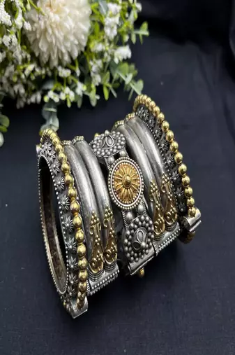 Dual tone antique silver kada bangle set: rajasthani tribal wrist jewelry