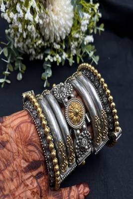 Dual tone antique silver kada bangle set: rajasthani tribal wrist jewelry 5