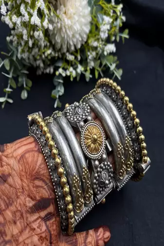 Dual tone antique silver kada bangle set: rajasthani tribal wrist jewelry
