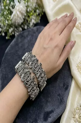 Oxidized silver ram darbar kada bangle – temple jewelry statement cuff bracelet