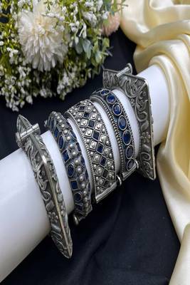 Antique silver tribal bangle kadas with blue color stones 1
