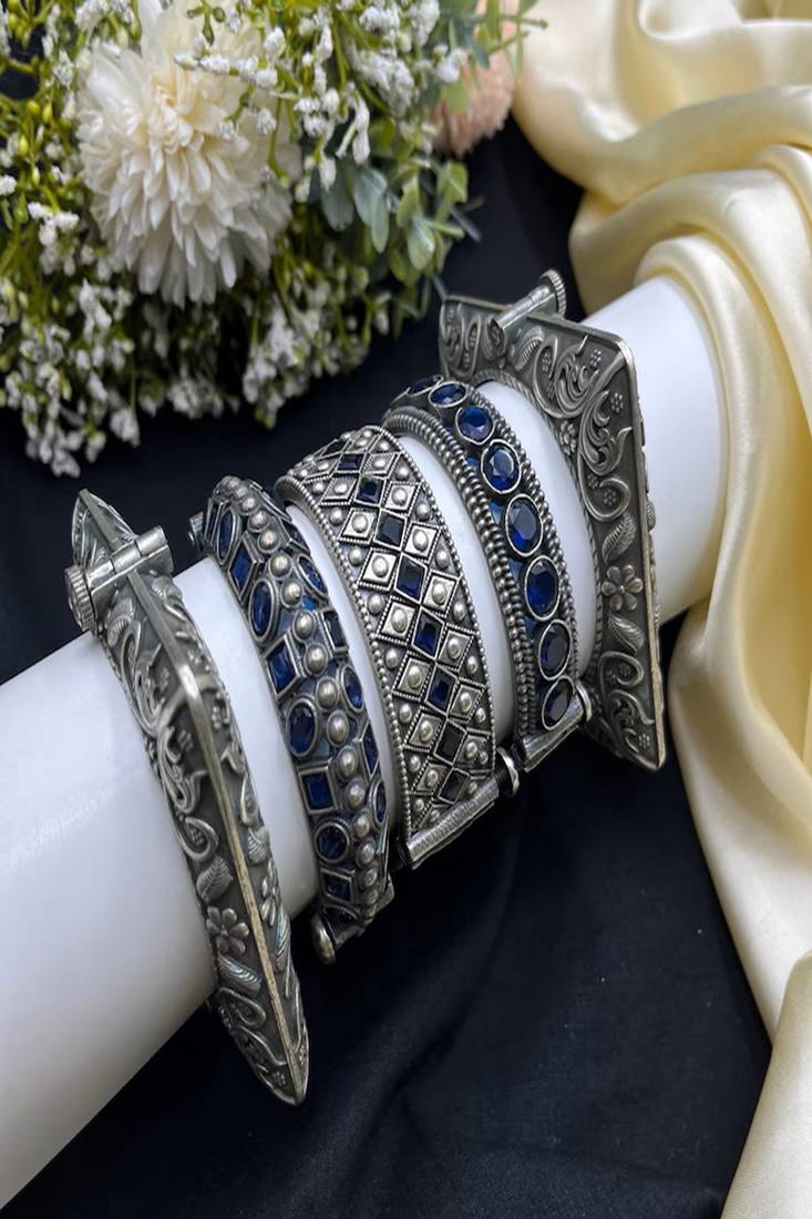 Antique silver tribal bangle kadas with blue color stones