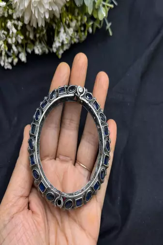Antique silver tribal bangle kadas with blue color stones