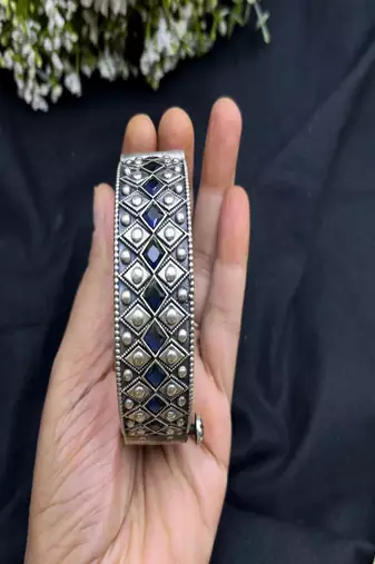 Antique silver tribal bangle kadas with blue color stones