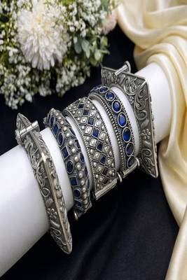 Antique silver tribal bangle kadas with blue color stones 5