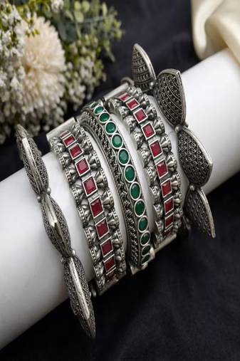 Designer red green kundan stone antique kada bangle set : oxidised ethnic indian wrist jewelry combo set of 5 pc
