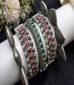 Designer red green kundan stone antique kada bangle set : oxidised ethnic indian wrist jewelry combo set of 5 pc