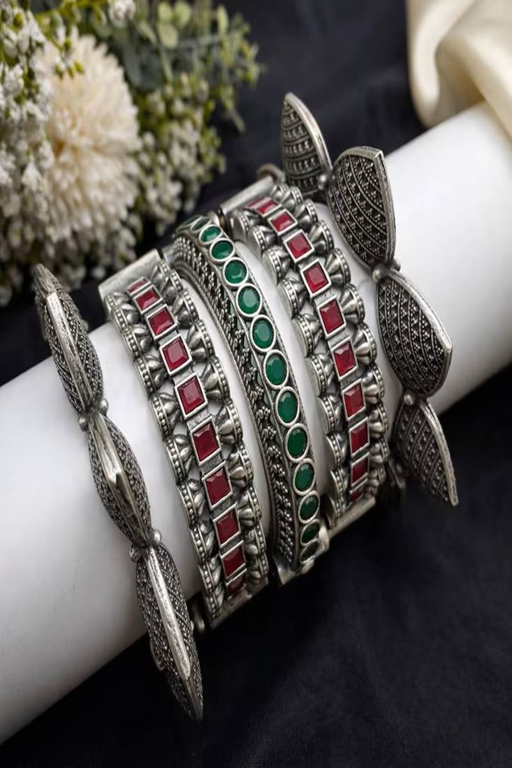 Designer red green kundan stone antique kada bangle set : oxidised ethnic indian wrist jewelry combo set of 5 pc