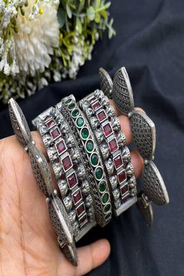 Designer red green kundan stone antique kada bangle set : oxidised ethnic indian wrist jewelry combo set of 5 pc 3