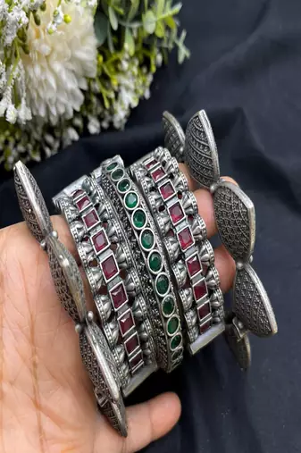 Designer red green kundan stone antique kada bangle set : oxidised ethnic indian wrist jewelry combo set of 5 pc