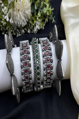 Designer red green kundan stone antique kada bangle set : oxidised ethnic indian wrist jewelry combo set of 5 pc 4