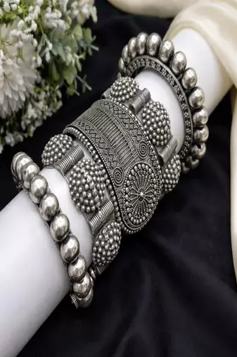Antique silver indian bangles: floral temple jewelry kada rajwadi punjabi kadas