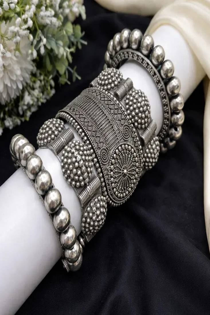 Antique silver indian bangles: floral temple jewelry kada rajwadi punjabi kadas