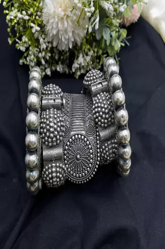 Antique silver indian bangles: floral temple jewelry kada rajwadi punjabi kadas