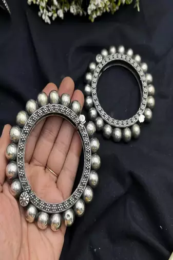 Antique silver indian bangles: floral temple jewelry kada rajwadi punjabi kadas
