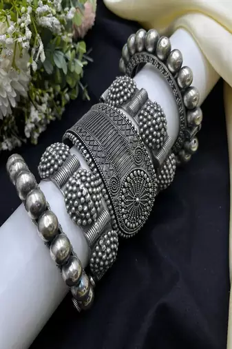 Antique silver indian bangles: floral temple jewelry kada rajwadi punjabi kadas