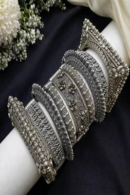 Vintage oxidized silver kada bangle set - floral square rose design antique openable screw hand bracelet set of 9 pc 1