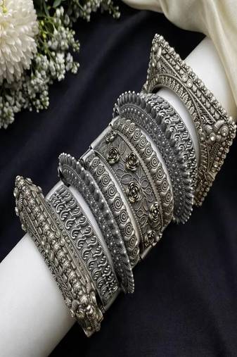 Vintage oxidized silver kada bangle set - floral square rose design antique openable screw hand bracelet set of 9 pc