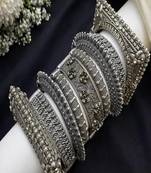 Vintage oxidized silver kada bangle set - floral square rose design antique openable screw hand bracelet set of 9 pc