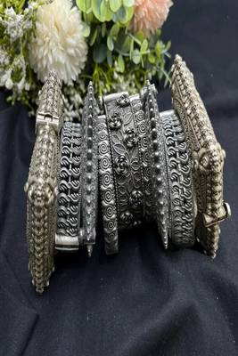 Vintage oxidized silver kada bangle set - floral square rose design antique openable screw hand bracelet set of 9 pc 2