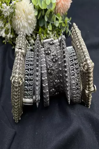 Vintage oxidized silver kada bangle set - floral square rose design antique openable screw hand bracelet set of 9 pc