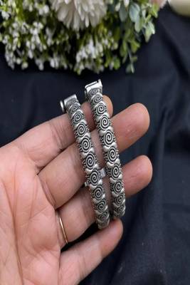 Vintage oxidized silver kada bangle set - floral square rose design antique openable screw hand bracelet set of 9 pc 3