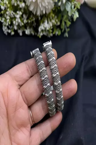 Vintage oxidized silver kada bangle set - floral square rose design antique openable screw hand bracelet set of 9 pc