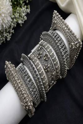 Vintage oxidized silver kada bangle set - floral square rose design antique openable screw hand bracelet set of 9 pc 4
