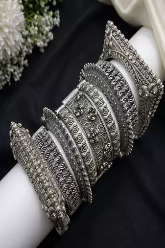 Vintage oxidized silver kada bangle set - floral square rose design antique openable screw hand bracelet set of 9 pc