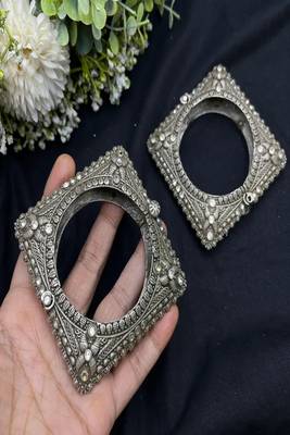 Vintage oxidized silver kada bangle set - floral square rose design antique openable screw hand bracelet set of 9 pc 5