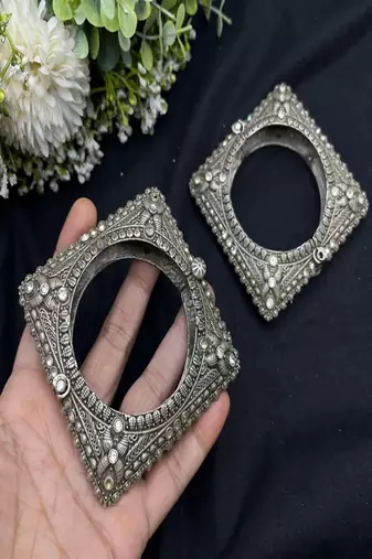 Vintage oxidized silver kada bangle set - floral square rose design antique openable screw hand bracelet set of 9 pc