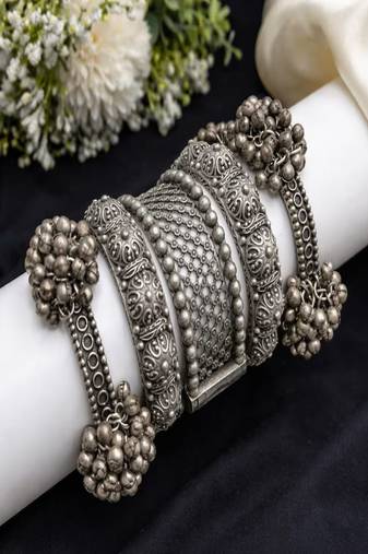 Oxidized silver bangle bracelet set for women|vintage tribal boho jewelry|ghungroo ethnic