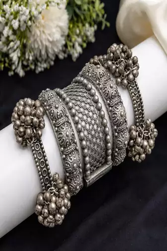 Oxidized silver bangle bracelet set for women|vintage tribal boho jewelry|ghungroo ethnic