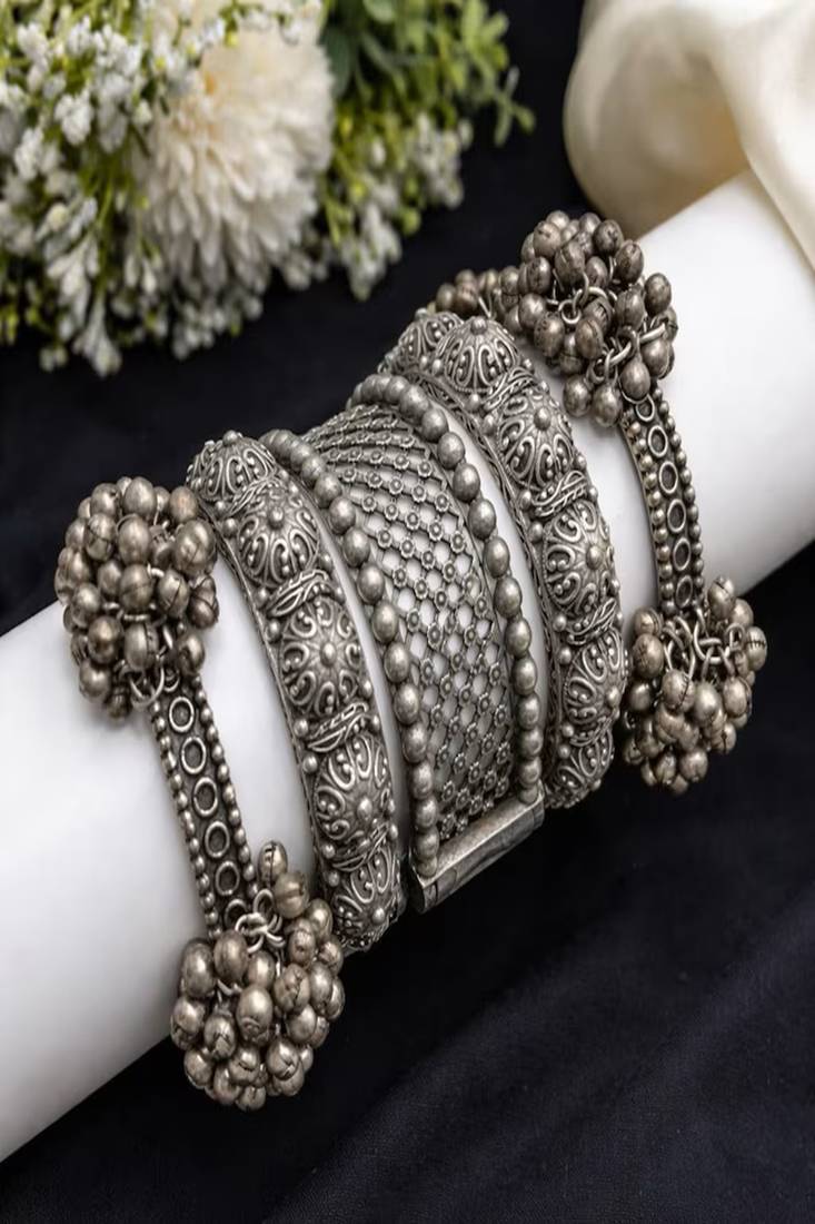 Oxidized silver bangle bracelet set for women|vintage tribal boho jewelry|ghungroo ethnic