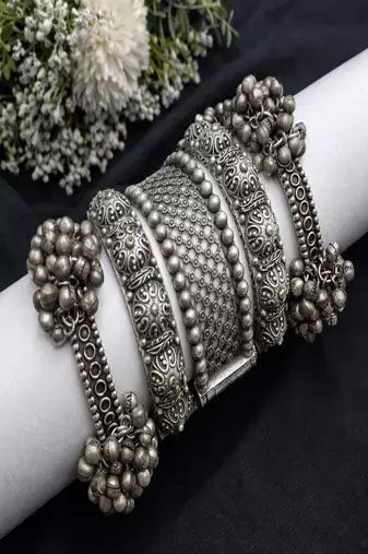 Oxidized silver bangle bracelet set for women|vintage tribal boho jewelry|ghungroo ethnic